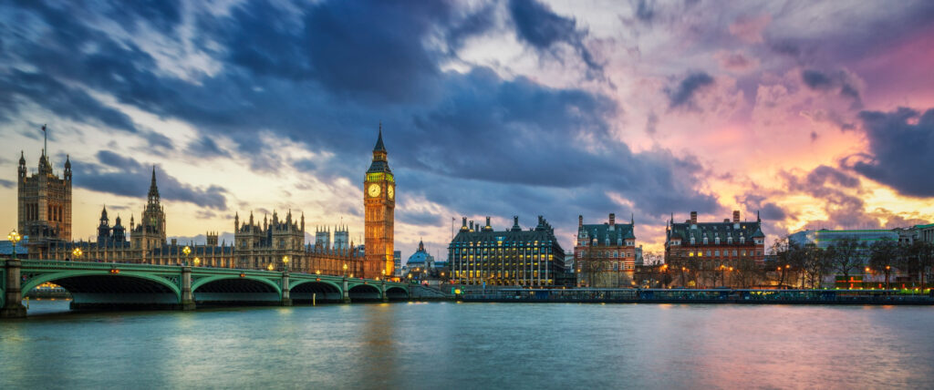 panoramic view-big ben london sunset uk